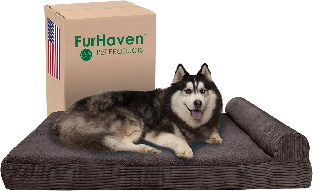 Furhaven Cooling Gel Dog Bed for Large Dogs w/ Removable Bolster  Washable Cover, For Dogs Up to 125 lbs - Fleece  Corduroy Bolster Chaise - Dark Espresso, Jumbo Plus/XXL