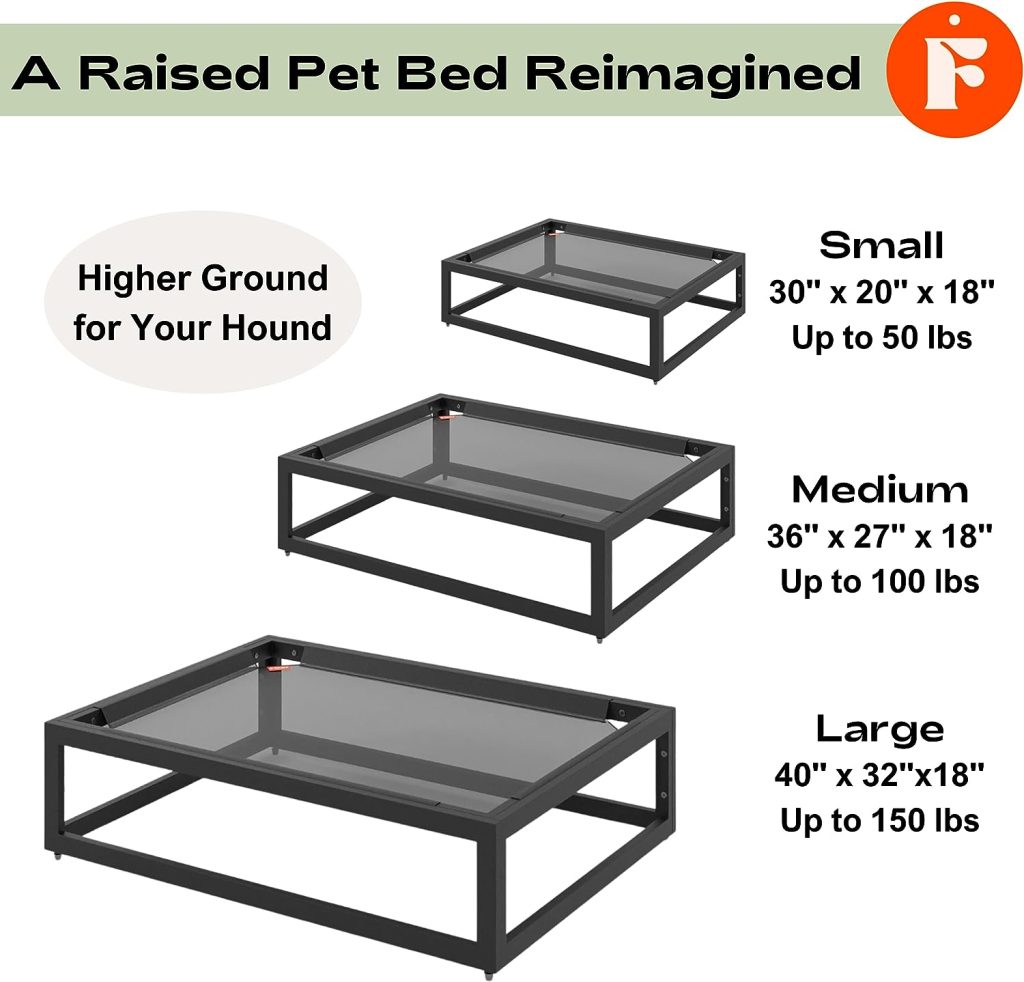 FUZI The Up Pup Dog Bed by FÜZI, Premium Elevated Dog Bed with Metal Frame, for Dogs Up to 150 lbs Modern Raised Pet Bed, Indoor/Outdoor Use, Chew Resistant, Washable and Breathable (Large, Black)