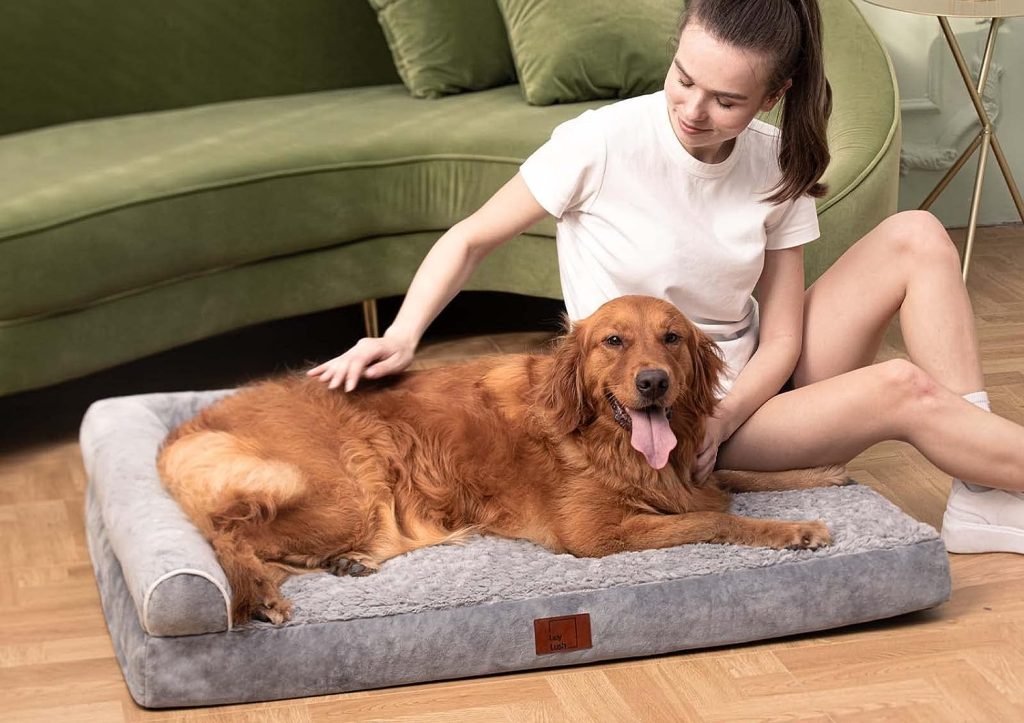 Lazy Lush Bolster Dog Bed for Extra Large Dogs, Memory Foam Orthopedic L-Shape Dog beds with Removable Washable Cover, Cozy Plush Dog Sofa, pet Bed with Waterproof Lining and Nonskid Bottom