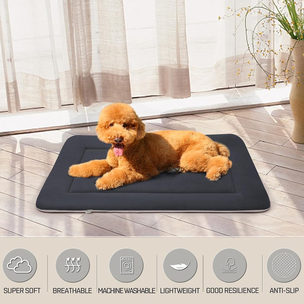 Magic Dog Soft Large Dog Bed Dog Crate Pad Dog Mat 42 Inches Machine Washable Pet Bed with Non-Slip Bottom, Dark Gray L