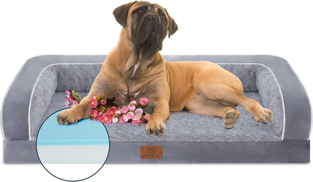 Yiruka Dog Beds for Jumbo Dogs, Grey Cooling Large Dog Bed, Washable Dog Bed with Removale Bolsters, Waterproof Orthopedic Thick Foam Dog Bed with Nonslip Bottom, Up to 110 lbs