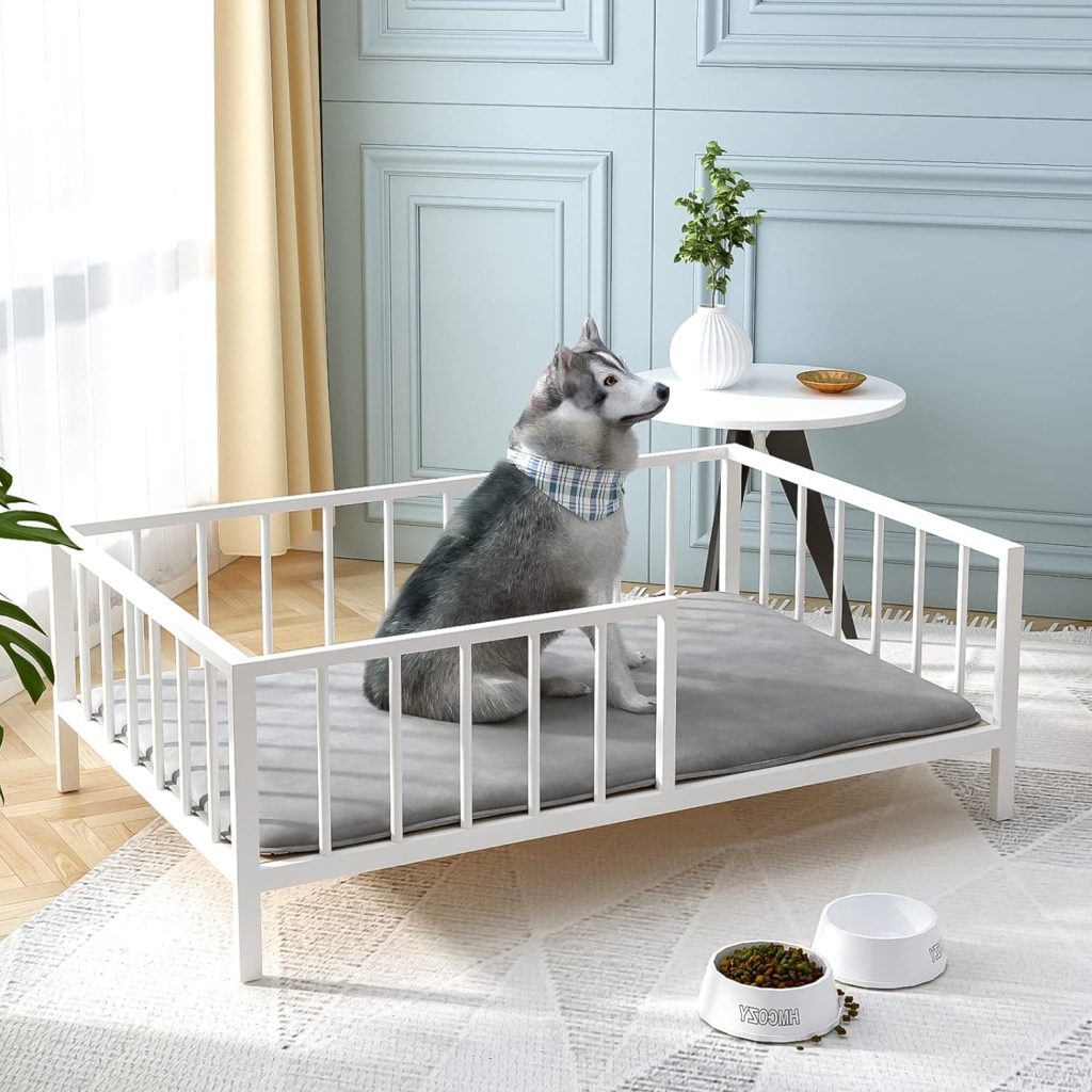 OSCHF Dog Bed with Rails - Elevated Pet Metal Bed Frame with Solid Wood Board and Washable Soft Mat for Large Dog Indoor or Outdoor Use, 31.1 x 47.6, White